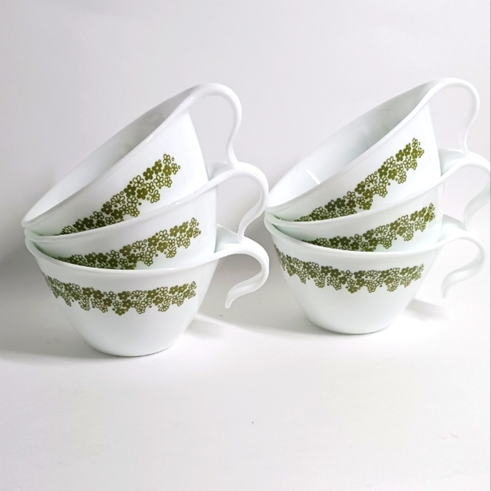 Vtg Corelle Green Crazy Daisy Spring Blossom Milk Glass Coffee Cup Mug Set of 6